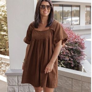 Brown Polka Dot Puff Sleeve Dress